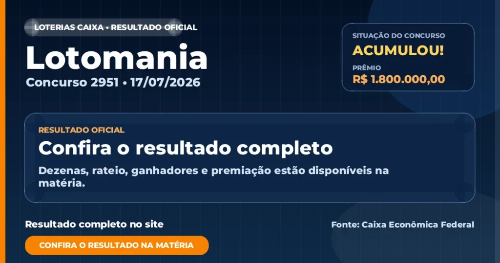 Resultado da Lotomania de hoje, concurso 2951