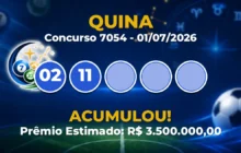 Quina Hoje: concurso 7054 acumula; confira o resultado