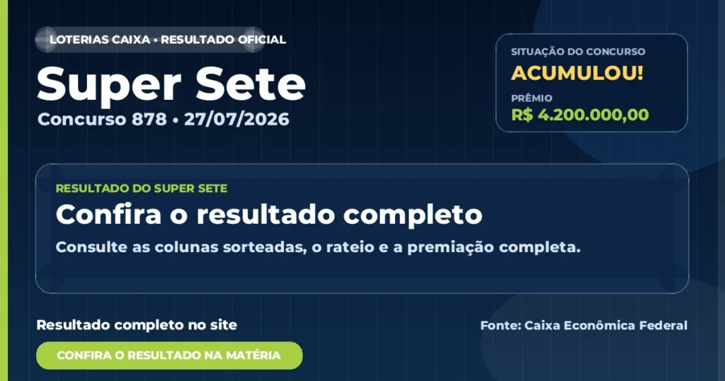 Resultado da Super Sete de hoje, concurso 878