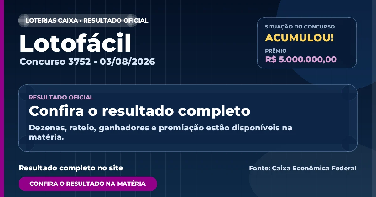 Resultado da Lotofácil de hoje, concurso 3752