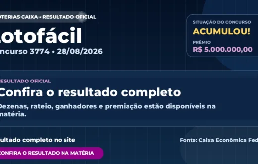 Resultado da Lotofácil de hoje, concurso 3774