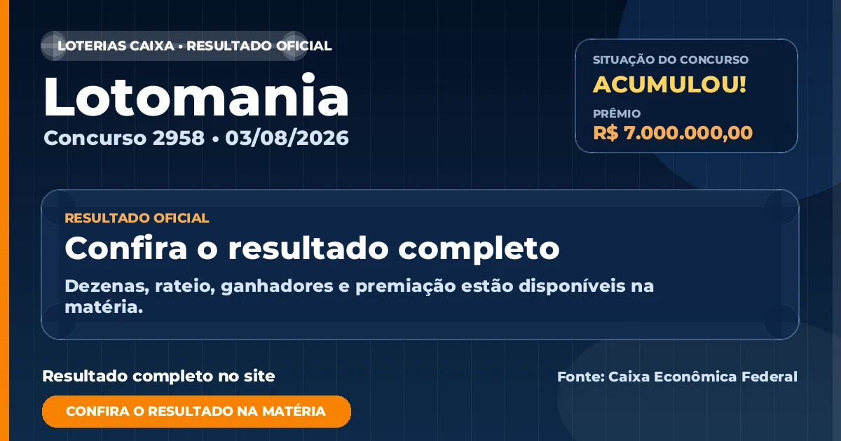 Resultado da Lotomania de hoje, concurso 2958