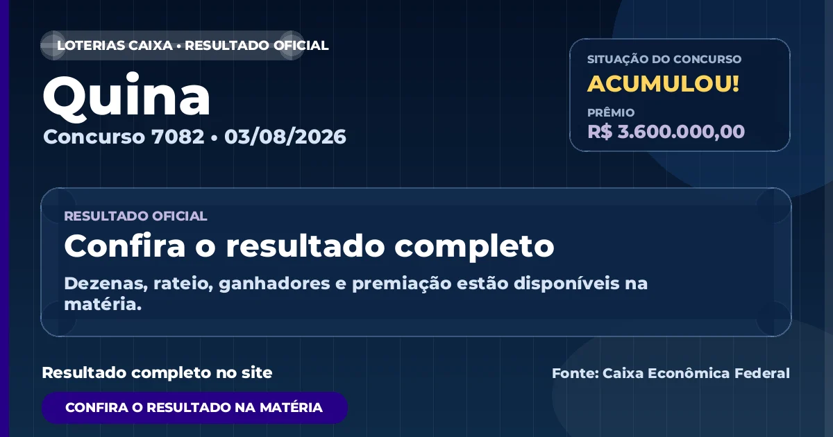Resultado da Quina de hoje, concurso 7082
