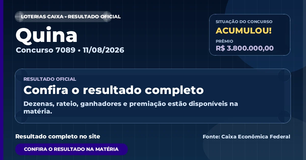 Resultado da Quina de hoje, concurso 7089