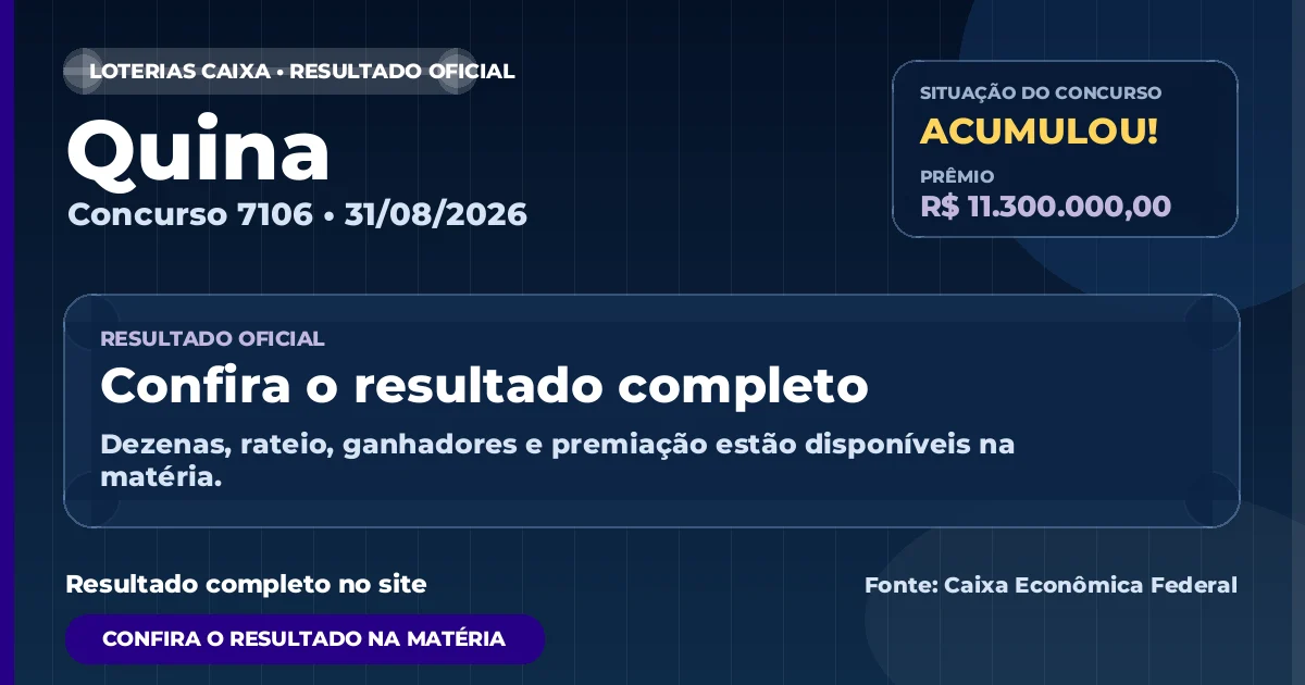 Resultado da Quina de hoje, concurso 7106