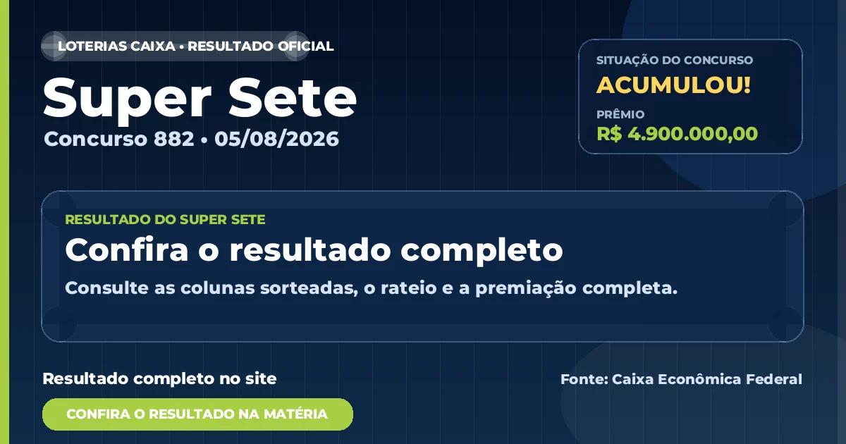 Resultado da Super Sete de hoje, concurso 882