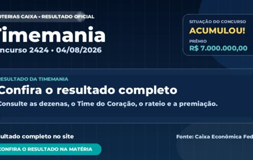 Resultado da Timemania de hoje, concurso 2424