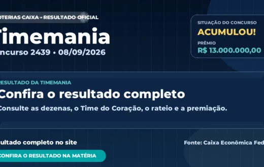 Resultado da Timemania de hoje, concurso 2439